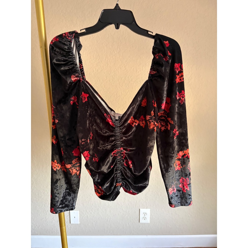 WAYF Womens Black Red Floral Velvet Ruched Sweetheart Puff Sleeve Top XL